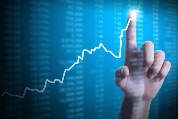 Zakenman met financiële grafiek symbolen uit de hand — Stockfoto