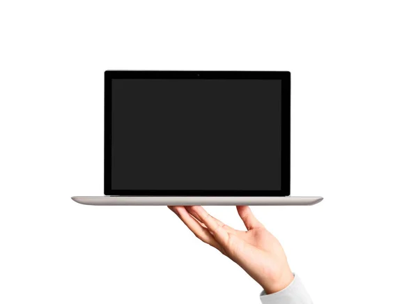 Mężczyzna Ręka Trzyma Laptopa — Zdjęcie stockowe
