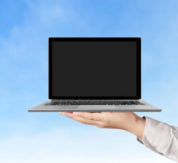 Male hand holding  laptop — Stock Photo, Image