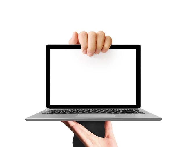 Mężczyzna Ręka Trzyma Laptopa — Zdjęcie stockowe