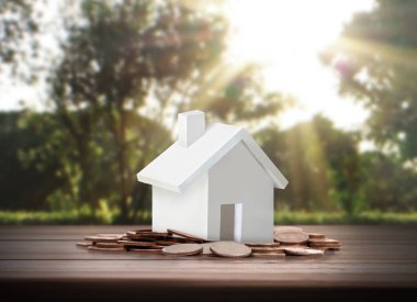 Küçük tatil evi ayakta yığınları sikkeler üzerinde