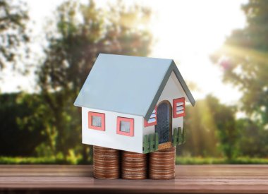 Küçük tatil evi ayakta yığınları sikkeler üzerinde