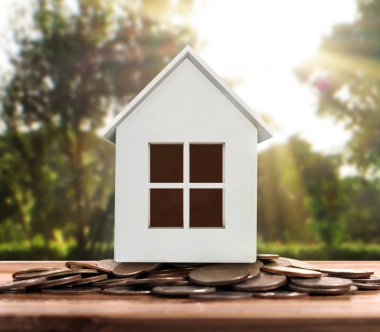 Küçük tatil evi ayakta yığınları sikkeler üzerinde