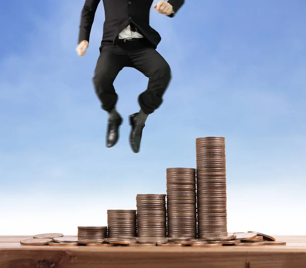 Businessman Walk Stack Coins Which Grows Success Investment — Stock Photo, Image