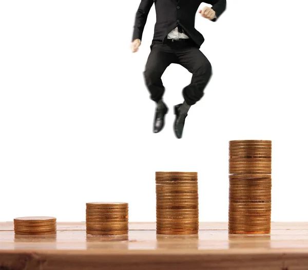 Businessman Walk Stack Coins Which Grows Success Investment — Stock Photo, Image