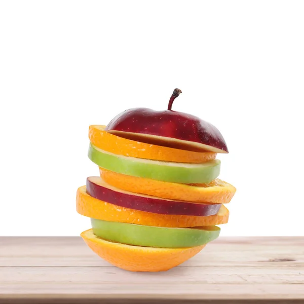 Jabłko Pomarańcza Biały Drewniany Stół — Zdjęcie stockowe