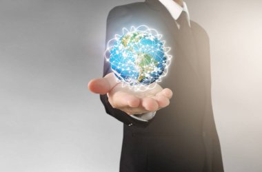 İşadamı el, nokta veri ağ bağlantısı dokunmadan. Nasa tarafından döşenmiş bu görüntü unsurları