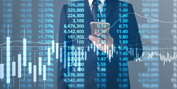 Geschäftsmann Plant Graphenwachstum Und Zunahme Positiver Indikatoren Seinem Geschäft — Stockfoto