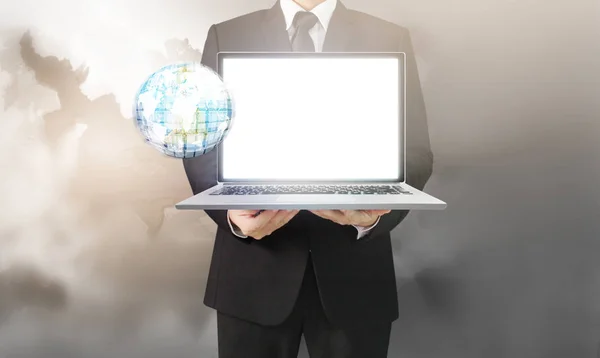 Handsome Business Man Suit Holding Laptop Hands — Stock Photo, Image