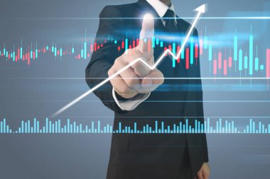 İşadamı, işinde grafik büyümesi ve grafik artışı için olumlu göstergeler planlıyor