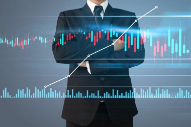 İşadamı, işinde grafik büyümesi ve grafik artışı için olumlu göstergeler planlıyor