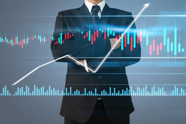 İşadamı, işinde grafik büyümesi ve grafik artışı için olumlu göstergeler planlıyor