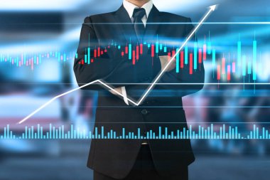 İşadamı, işinde grafik büyümesi ve grafik artışı için olumlu göstergeler planlıyor