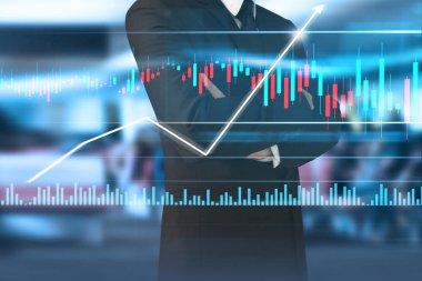 İşadamı, işinde grafik büyümesi ve grafik artışı için olumlu göstergeler planlıyor