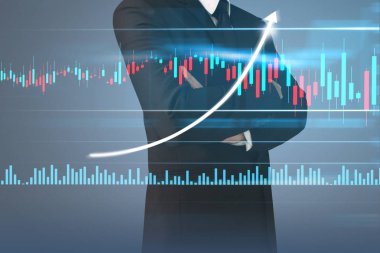 İşadamı, işinde grafik büyümesi ve grafik artışı için olumlu göstergeler planlıyor