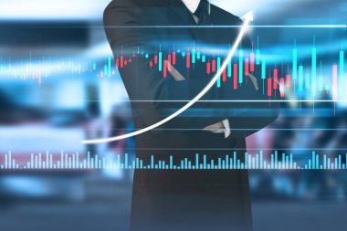 İşadamı, işinde grafik büyümesi ve grafik artışı için olumlu göstergeler planlıyor