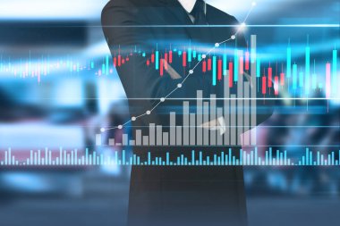 İşadamı, işinde grafik büyümesi ve grafik artışı için olumlu göstergeler planlıyor