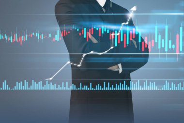 İşadamı, işinde grafik büyümesi ve grafik artışı için olumlu göstergeler planlıyor