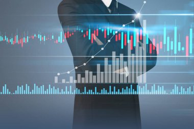 İşadamı, işinde grafik büyümesi ve grafik artışı için olumlu göstergeler planlıyor