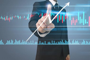 İşadamı, işinde grafik büyümesi ve grafik artışı için olumlu göstergeler planlıyor