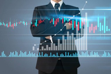 İşadamı, işinde grafik büyümesi ve grafik artışı için olumlu göstergeler planlıyor