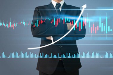 İşadamı, işinde grafik büyümesi ve grafik artışı için olumlu göstergeler planlıyor
