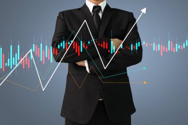 İşadamı, işinde grafik büyümesi ve grafik artışı için olumlu göstergeler planlıyor