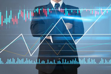 İşadamı, işinde grafik büyümesi ve grafik artışı için olumlu göstergeler planlıyor