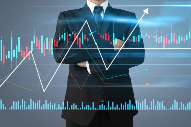 İşadamı, işinde grafik büyümesi ve grafik artışı için olumlu göstergeler planlıyor