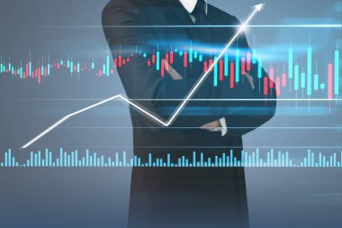 İşadamı, işinde grafik büyümesi ve grafik artışı için olumlu göstergeler planlıyor