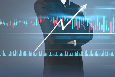 İşadamı, işinde grafik büyümesi ve grafik artışı için olumlu göstergeler planlıyor