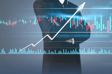 İşadamı, işinde grafik büyümesi ve grafik artışı için olumlu göstergeler planlıyor