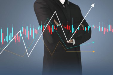 İşadamı, işinde grafik büyümesi ve grafik artışı için olumlu göstergeler planlıyor