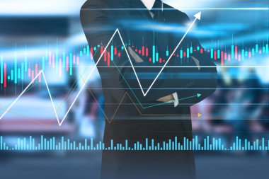 İşadamı, işinde grafik büyümesi ve grafik artışı için olumlu göstergeler planlıyor