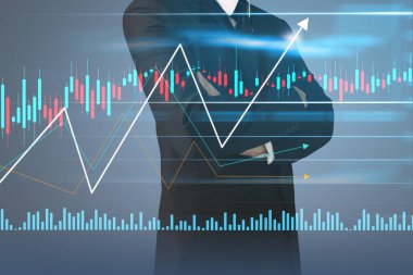 İşadamı, işinde grafik büyümesi ve grafik artışı için olumlu göstergeler planlıyor