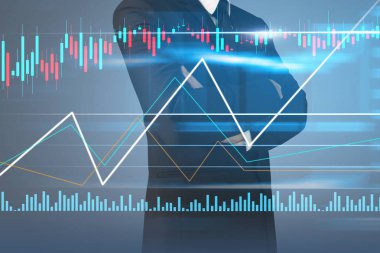 İşadamı, işinde grafik büyümesi ve grafik artışı için olumlu göstergeler planlıyor