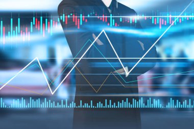 İşadamı, işinde grafik büyümesi ve grafik artışı için olumlu göstergeler planlıyor