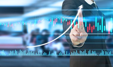 İşadamı, işinde grafik büyümesi ve grafik artışı için olumlu göstergeler planlıyor