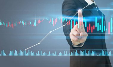 İşadamı, işinde grafik büyümesi ve grafik artışı için olumlu göstergeler planlıyor