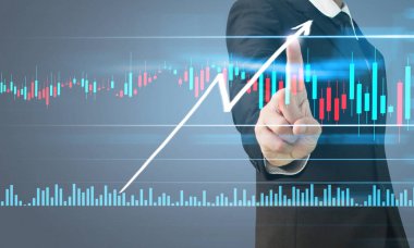 İşadamı, işinde grafik büyümesi ve grafik artışı için olumlu göstergeler planlıyor