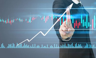 İşadamı, işinde grafik büyümesi ve grafik artışı için olumlu göstergeler planlıyor
