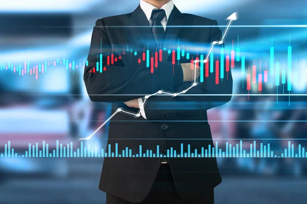 İşadamı, işinde grafik büyümesi ve grafik artışı için olumlu göstergeler planlıyor