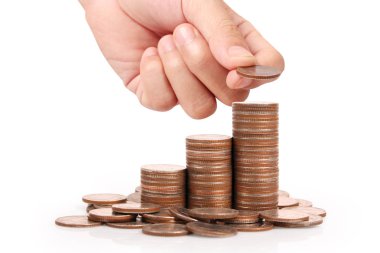 Para sikke yığını büyüyen iş elinde, para kavramı