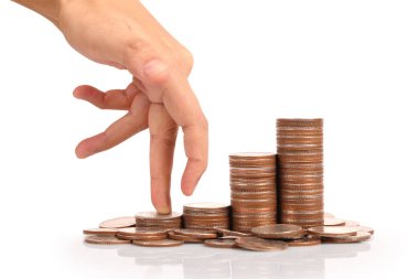 Para sikke yığını büyüyen iş elinde, para kavramı