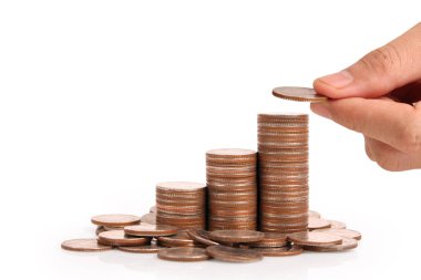 Para sikke yığını büyüyen iş elinde, para kavramı