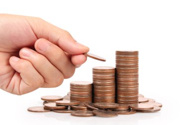 Para sikke yığını büyüyen iş elinde, para kavramı