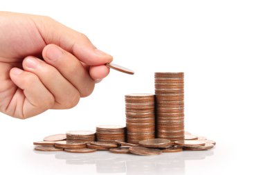 Para sikke yığını büyüyen iş elinde, para kavramı