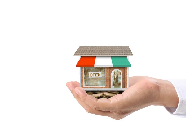 Skydd Eller Säljare Person Ger Till Köparen Kund Hus Hand — Stockfoto