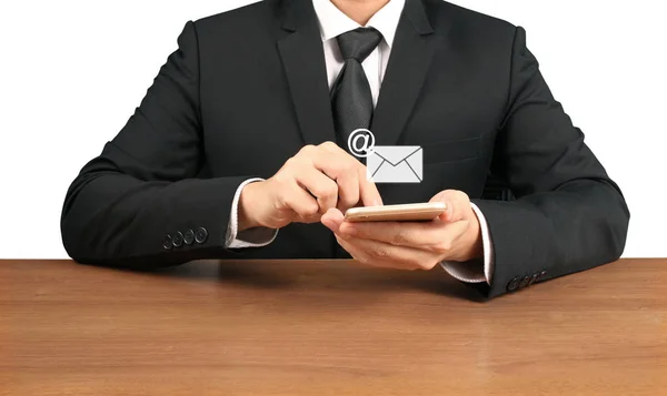 Biznesmen Ręczne Trzymanie Smartfona Ekran Dotykowy — Zdjęcie stockowe