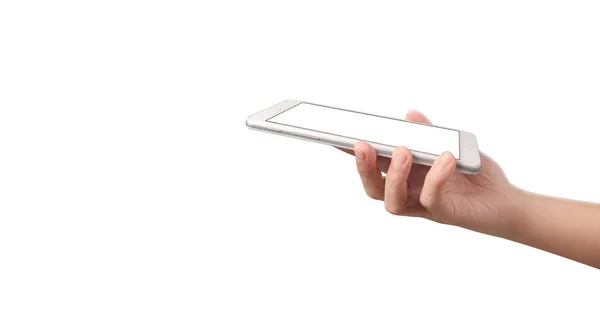 Mains tenant un gadget tablette tactile avec écran isolé — Photo